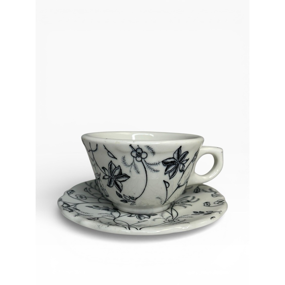 VTG Wellsville Restaurant Ware Cup & Saucer Black White Chintz Floral Coffee Tea